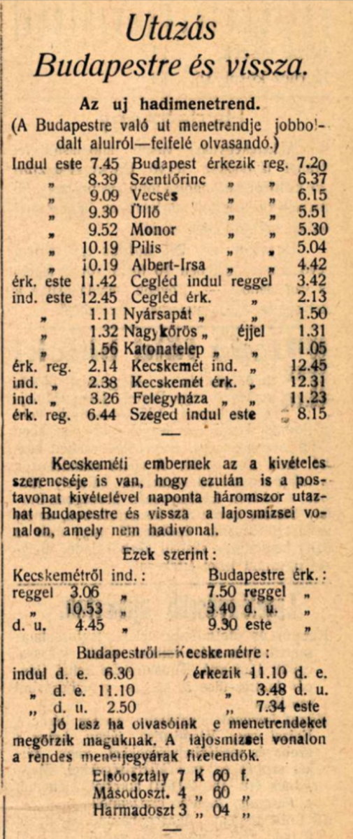 Hadimenetrend. Kecskeméti Újság 1914. 07.31