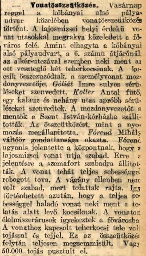 Cikk a kõbányai balesetrõl. Friss Újság 1907. 01. 29.