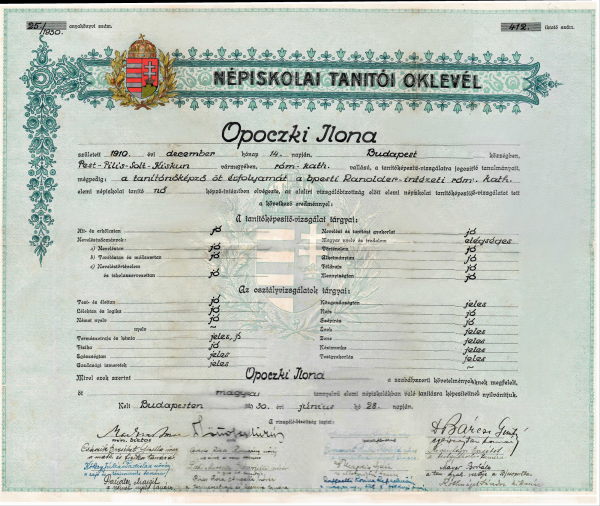 Opocki Ilona Népiskolai tanítói oklevél, 1930.