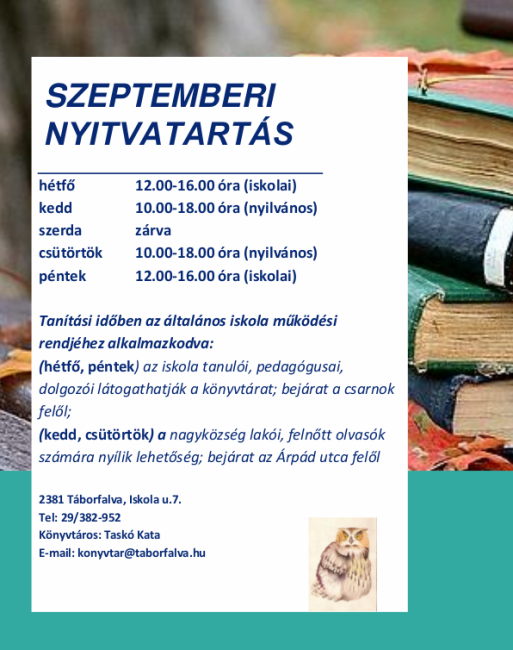 Könyvtár nyitva tartása, 2024. szeptember 1-jétõl