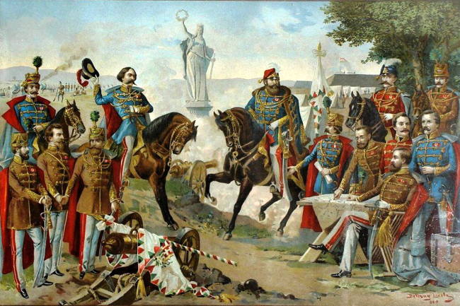 A tizenhárom aradi vértanú 1849. október 6. Bellony László (1900) festménye után készült színes olajnyomat.