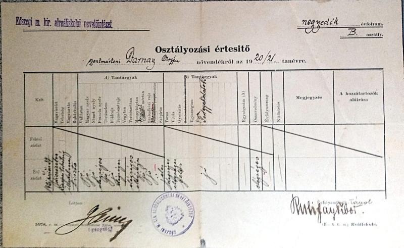 Osztályozási értesítõ szentmártoni Darnay Arzén növendékrõl az 1920/21. tanévre