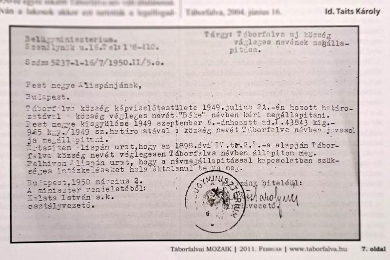 Táborfalva új község végleges nevének megállapítása