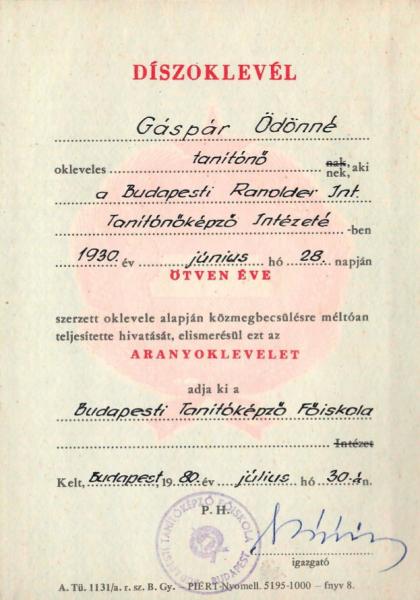 Gáspár Ödönné (született: Opócky Ilona) Aranyoklevele