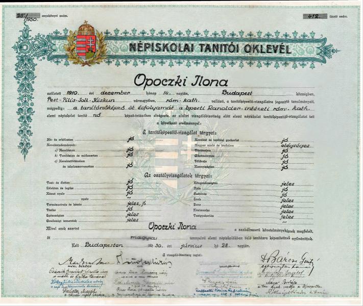 Opocki Ilona Népiskolai tanítói oklevele, 1930.
